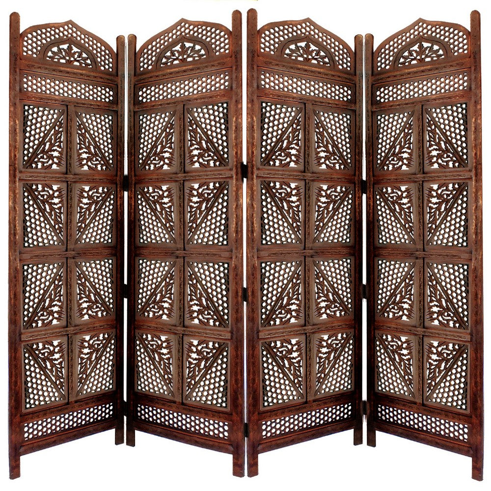 Traditional Four Panel Wooden Room Divider with Hand Carved Details, Antique Brown The Urban Port