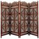 Traditional Four Panel Wooden Room Divider with Hand Carved Details, Antique Brown The Urban Port