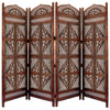 Traditional Four Panel Wooden Room Divider with Hand Carved Details, Antique Brown The Urban Port