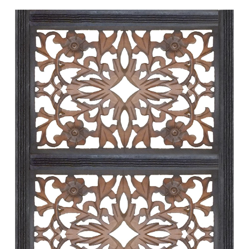 Rectangular Wall Panel with Intricate Floral Carvings, Burnt Black The Urban Port