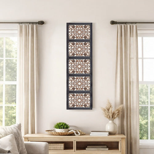 Rectangular Wall Panel with Intricate Floral Carvings, Burnt Black The Urban Port