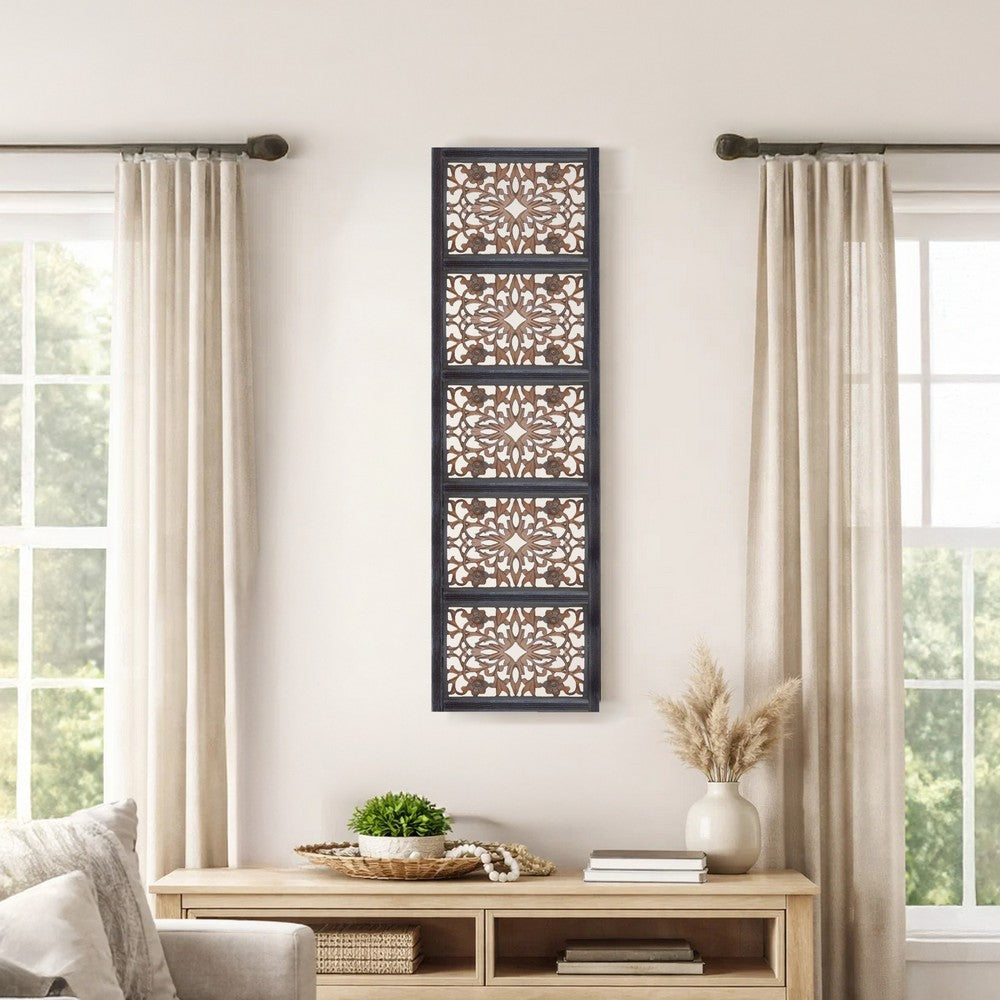Rectangular Wall Panel with Intricate Floral Carvings, Burnt Black The Urban Port