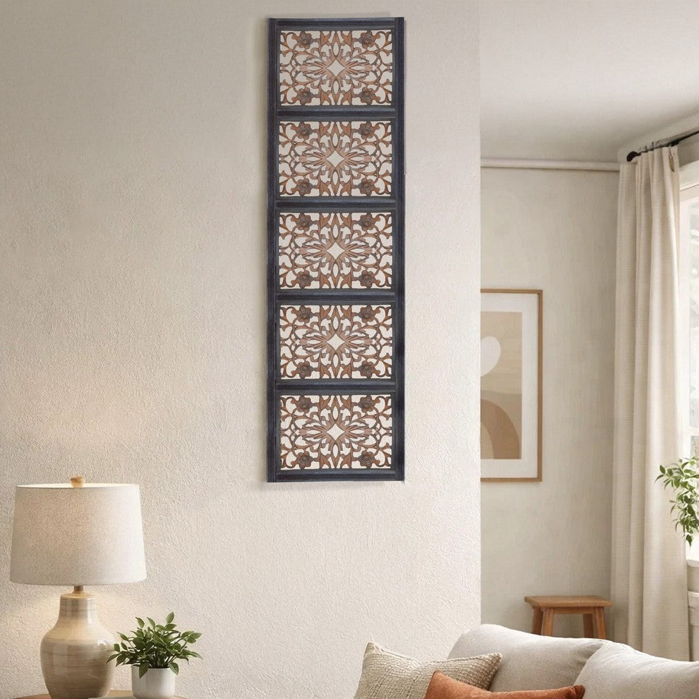 Rectangular Wall Panel with Intricate Floral Carvings, Burnt Black The Urban Port