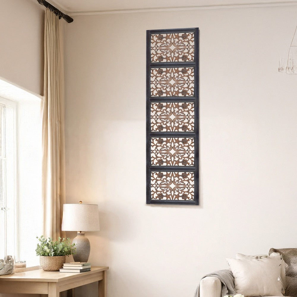 Rectangular Wall Panel with Intricate Floral Carvings, Burnt Black The Urban Port