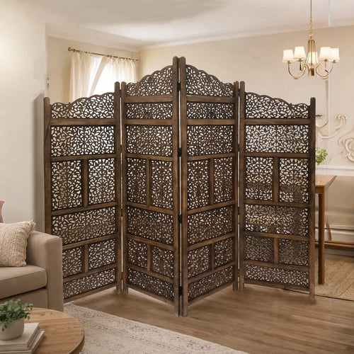 Benzara Hand Carved Foldable 4-Panel Wooden Partition Screen/RoomDivider,Brown - BM01875