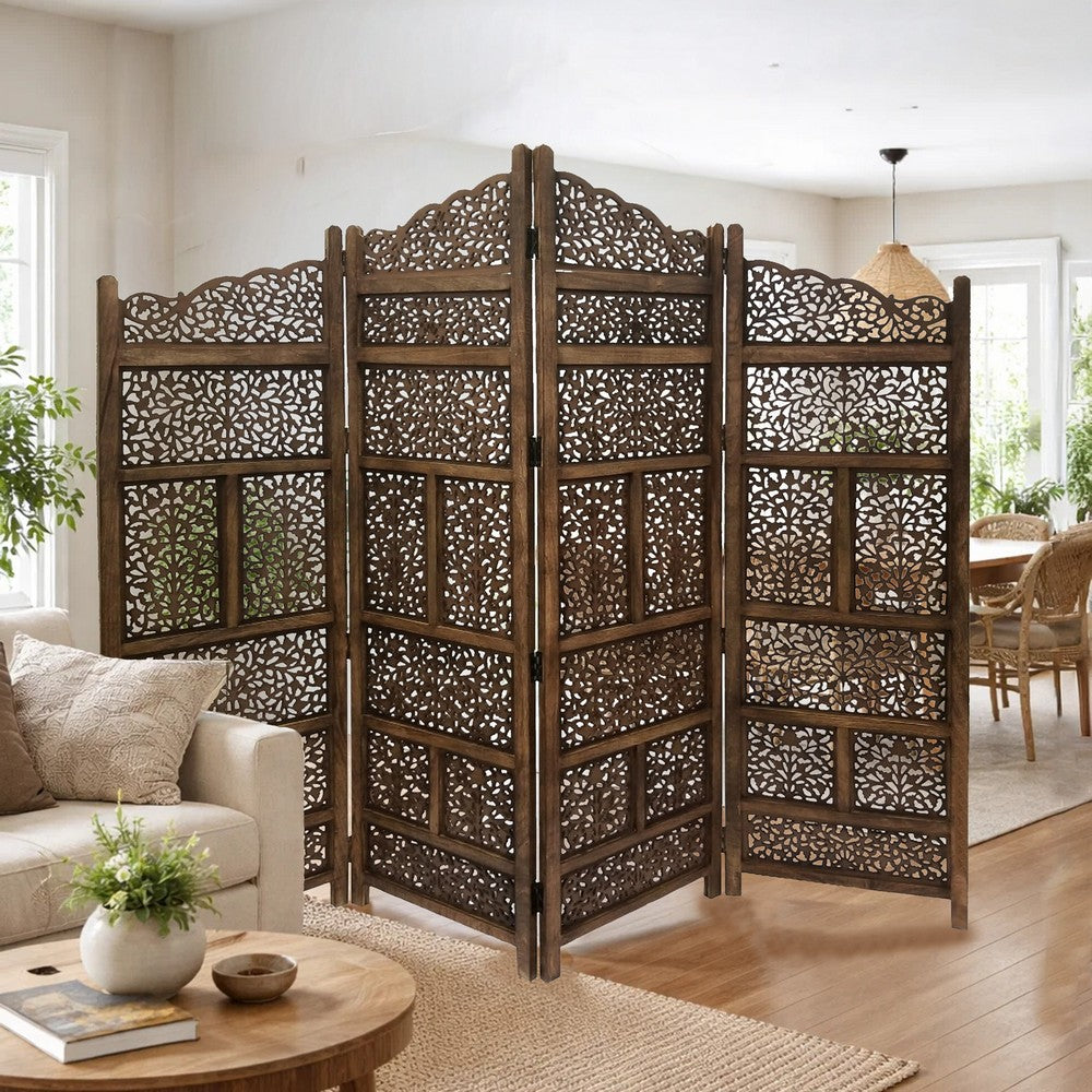 Benzara Hand Carved Foldable 4-Panel Wooden Partition Screen/RoomDivider,Brown - BM01875
