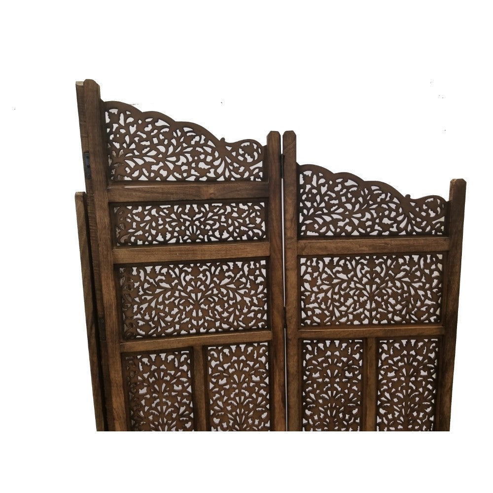 Benzara Hand Carved Foldable 4-Panel Wooden Partition Screen/RoomDivider,Brown - BM01875