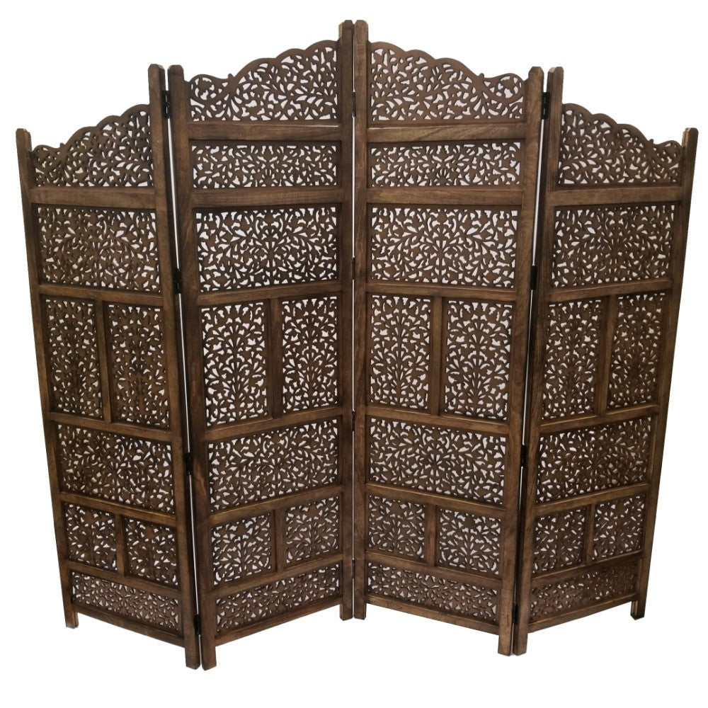 Benzara Hand Carved Foldable 4-Panel Wooden Partition Screen/RoomDivider,Brown - BM01875