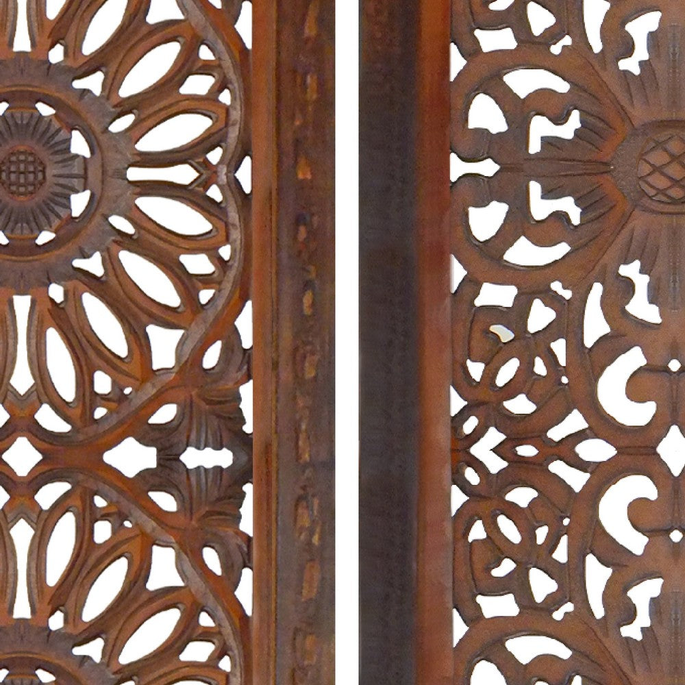 2 Piece Mango Wood Wall Panel Set with Mendallion Carving, Burnt Brown - BM01883
