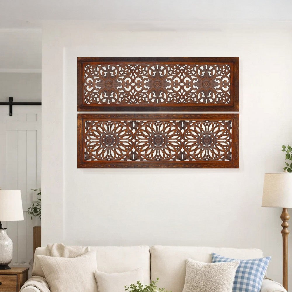 2 Piece Mango Wood Wall Panel Set with Mendallion Carving, Burnt Brown - BM01883