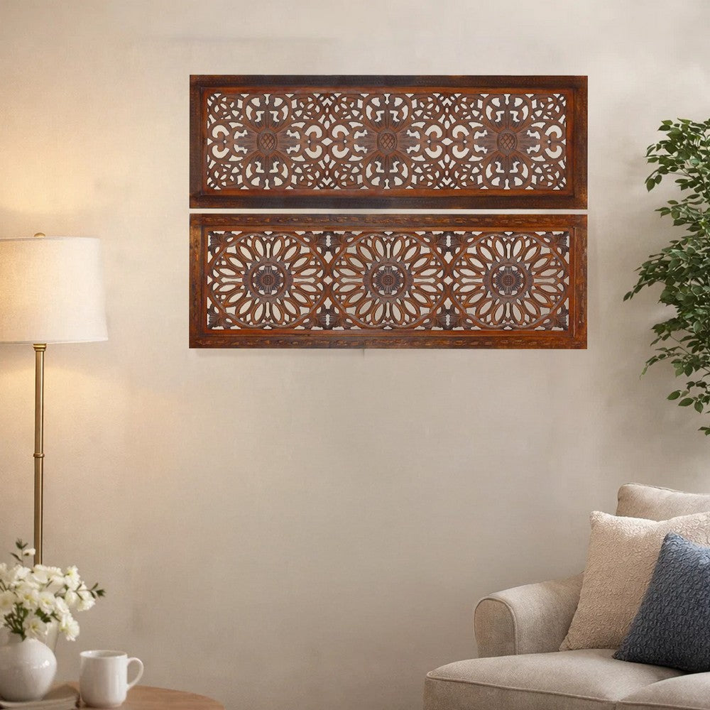 2 Piece Mango Wood Wall Panel Set with Mendallion Carving, Burnt Brown - BM01883