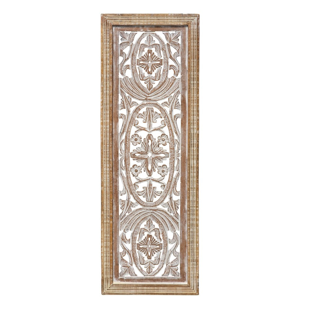 Rectangular Mango Wood Wall Panel Hand Crafted With Intricate Carving, White and Brown The Urban Port