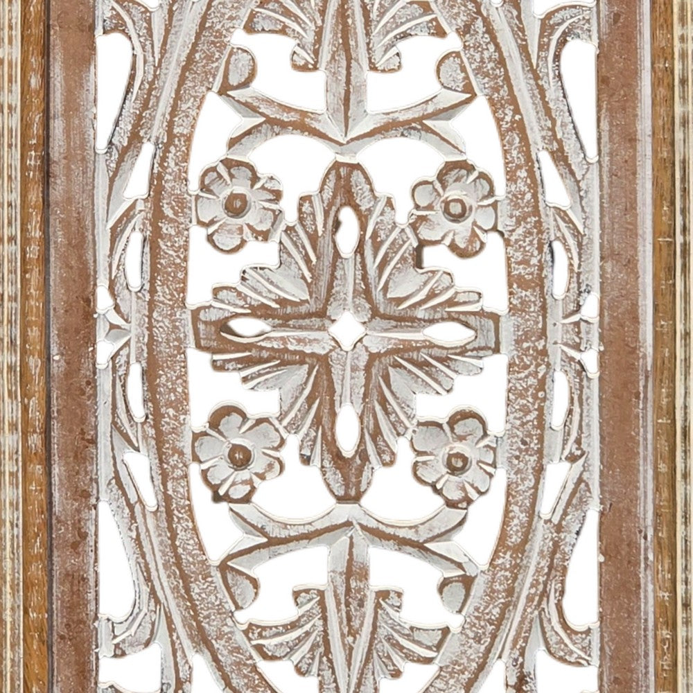Rectangular Mango Wood Wall Panel Hand Crafted With Intricate Carving, White and Brown The Urban Port
