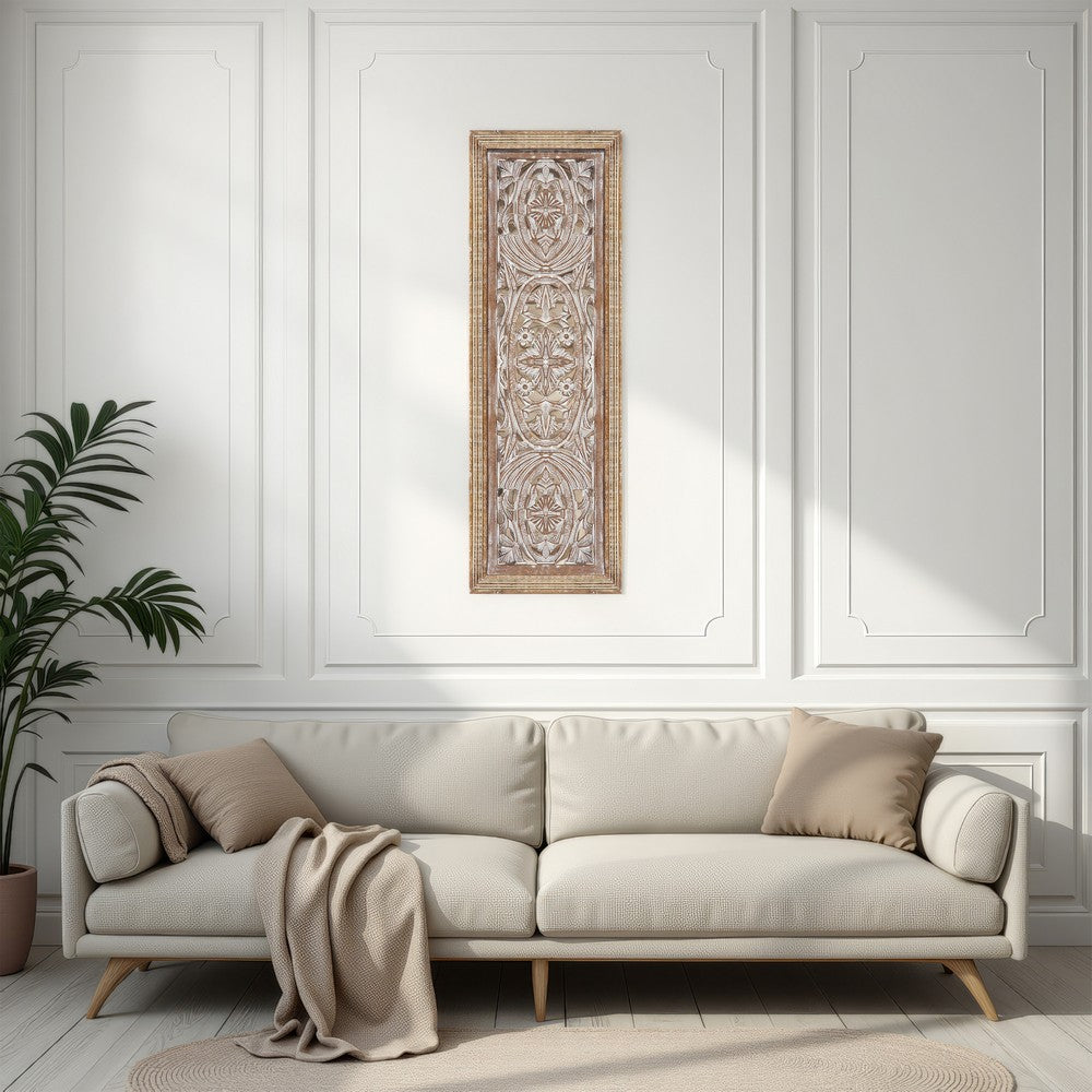 Rectangular Mango Wood Wall Panel Hand Crafted With Intricate Carving, White and Brown The Urban Port