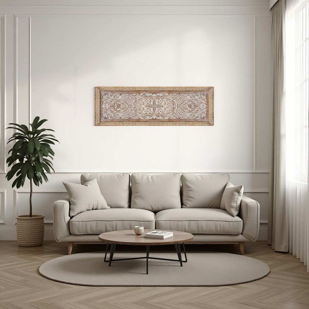 Rectangular Mango Wood Wall Panel Hand Crafted With Intricate Carving, White and Brown The Urban Port