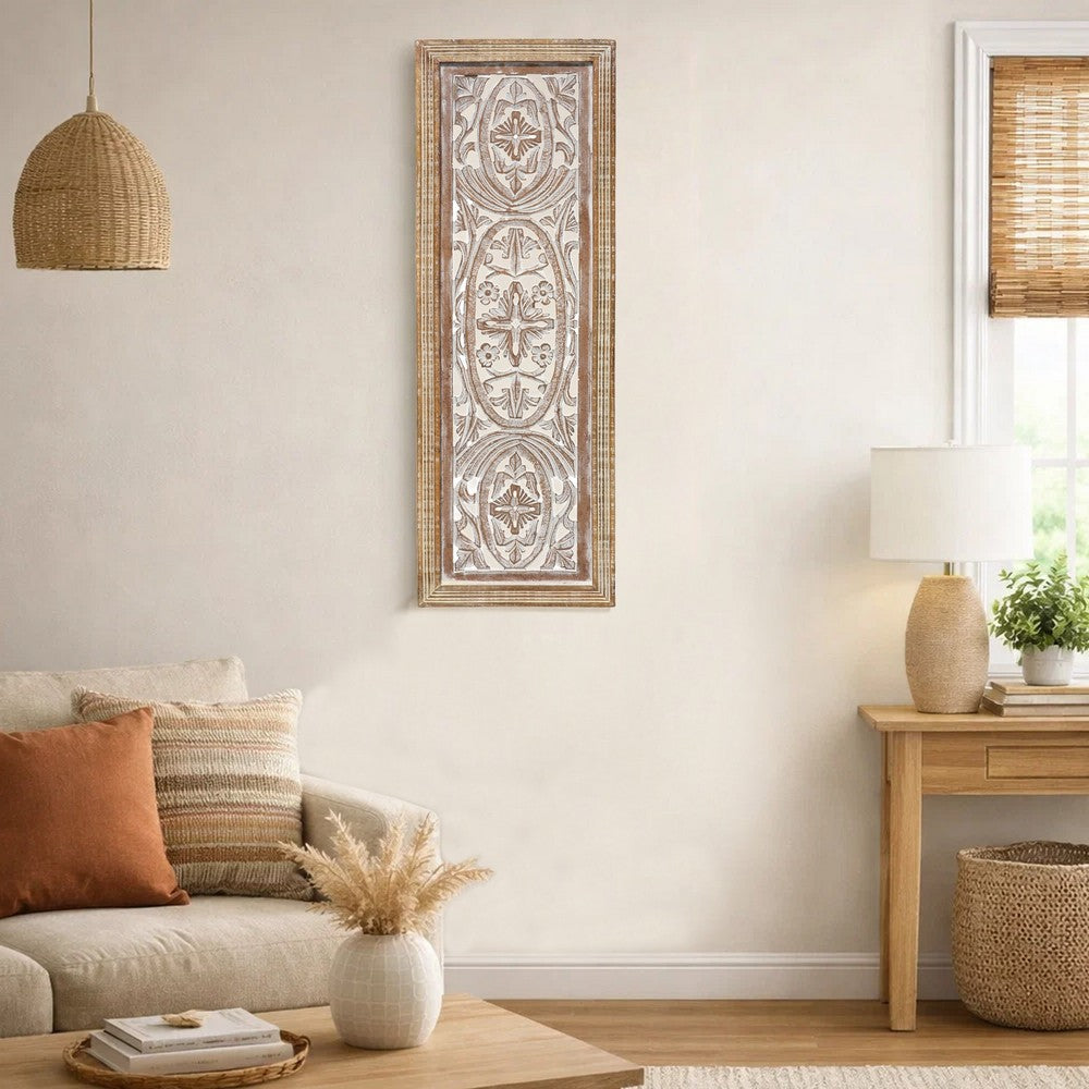 Rectangular Mango Wood Wall Panel Hand Crafted With Intricate Carving, White and Brown The Urban Port