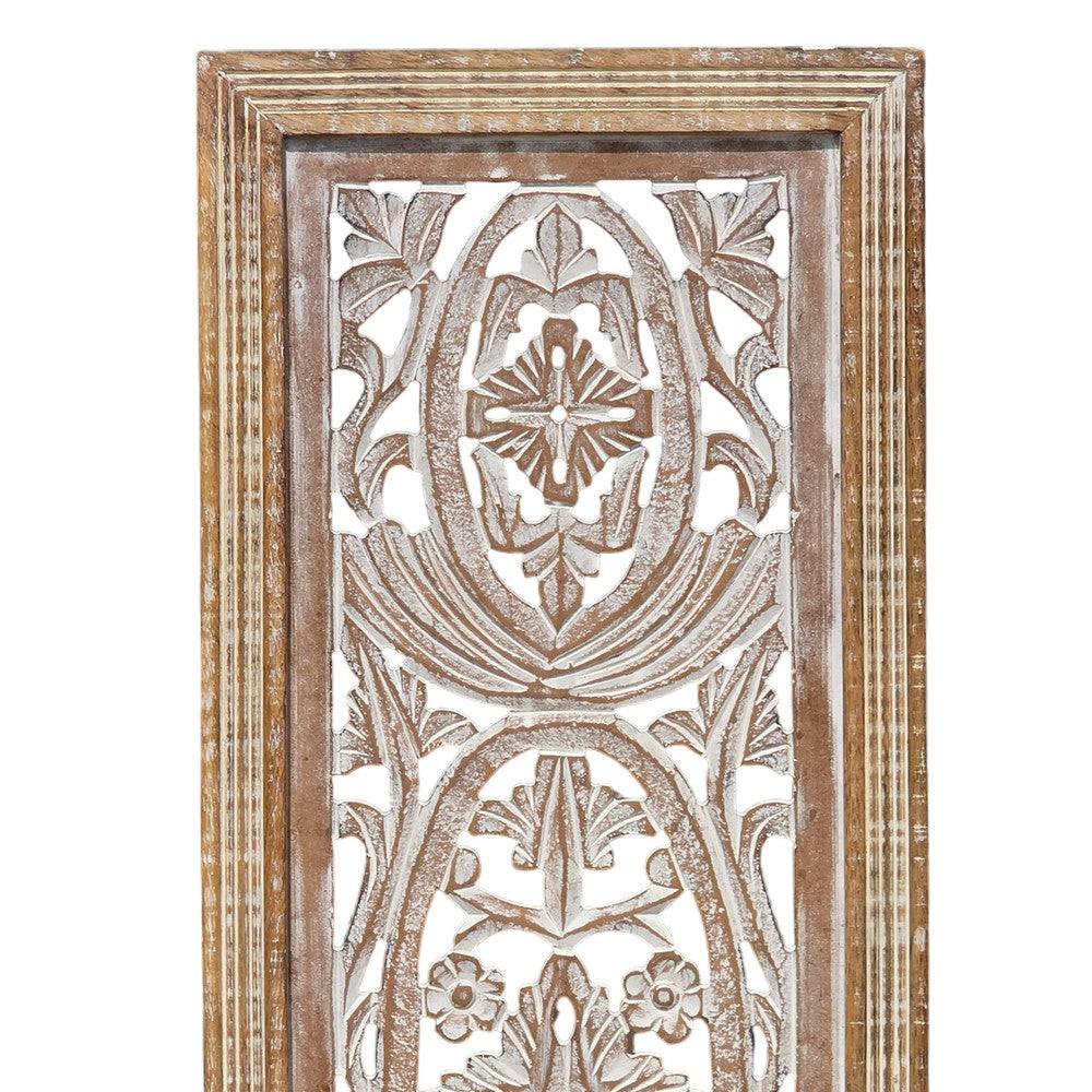 Rectangular Mango Wood Wall Panel Hand Crafted With Intricate Carving, White and Brown The Urban Port