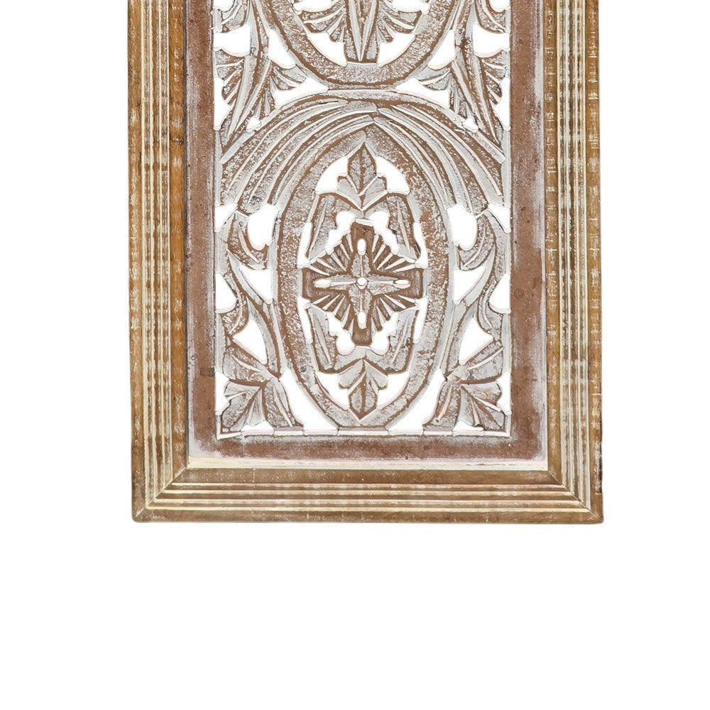 Rectangular Mango Wood Wall Panel Hand Crafted With Intricate Carving, White and Brown The Urban Port