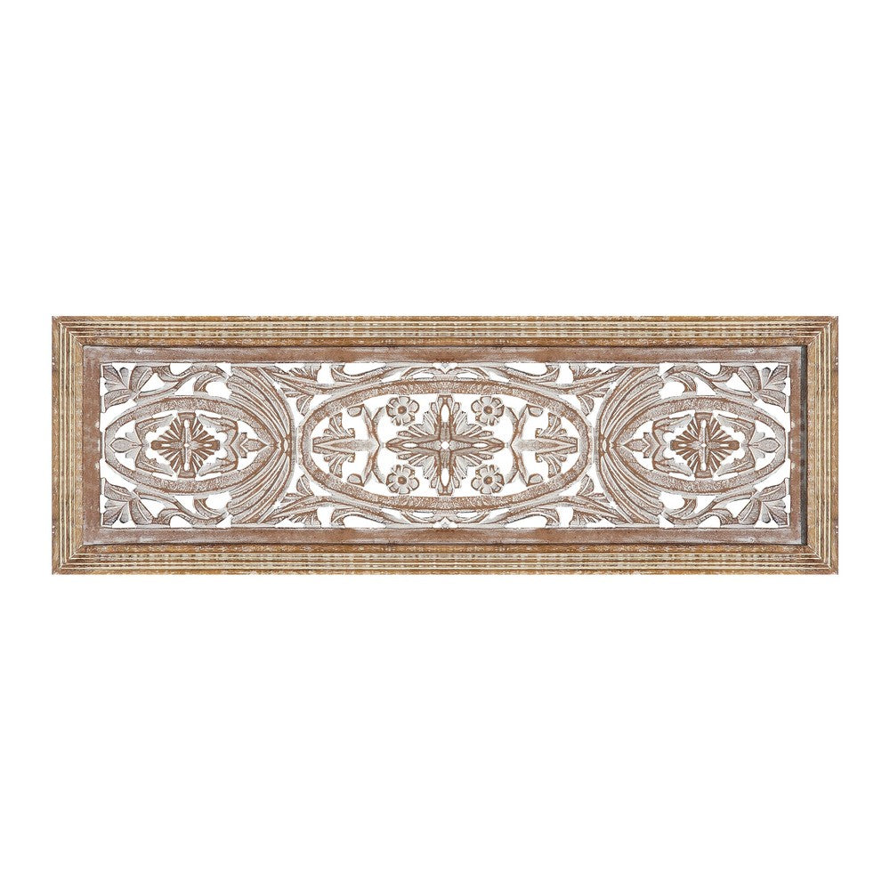 Rectangular Mango Wood Wall Panel Hand Crafted With Intricate Carving, White and Brown The Urban Port