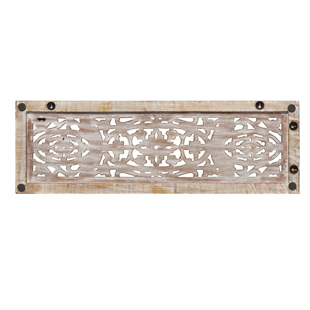 Rectangular Mango Wood Wall Panel Hand Crafted With Intricate Carving, White and Brown The Urban Port