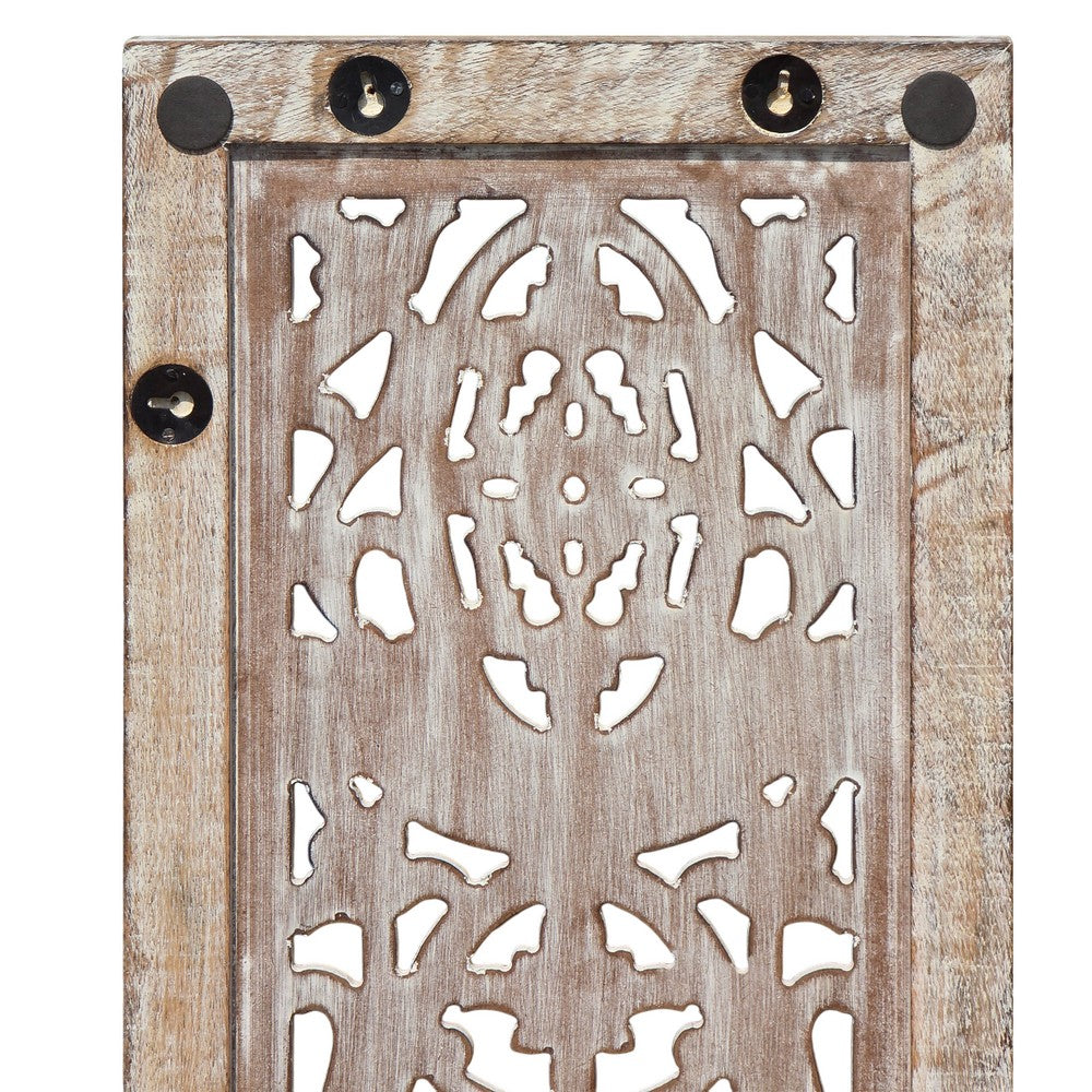 Rectangular Mango Wood Wall Panel Hand Crafted With Intricate Carving, White and Brown The Urban Port