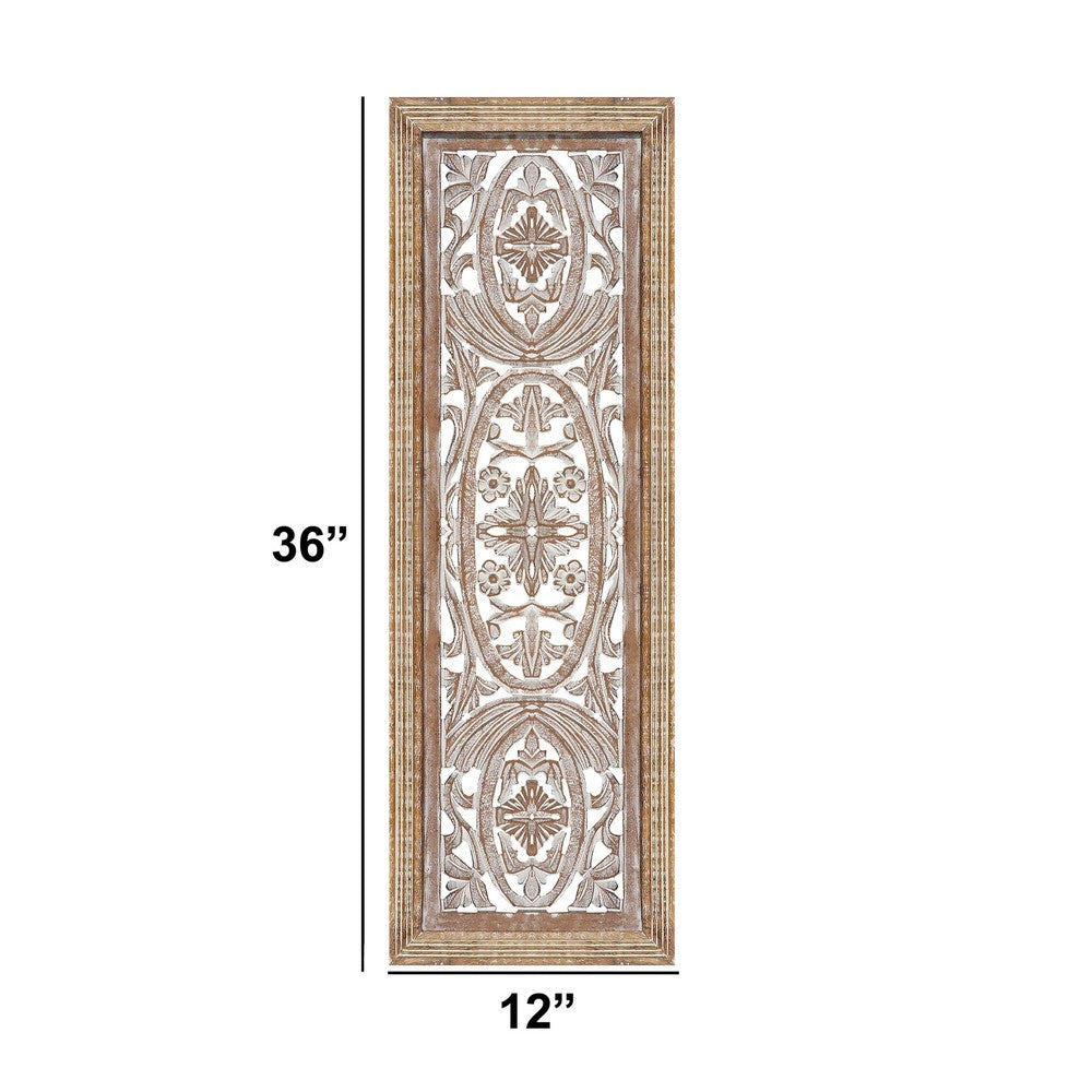 Rectangular Mango Wood Wall Panel Hand Crafted With Intricate Carving, White and Brown The Urban Port