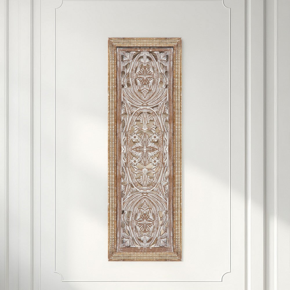 Rectangular Mango Wood Wall Panel Hand Crafted With Intricate Carving, White and Brown The Urban Port