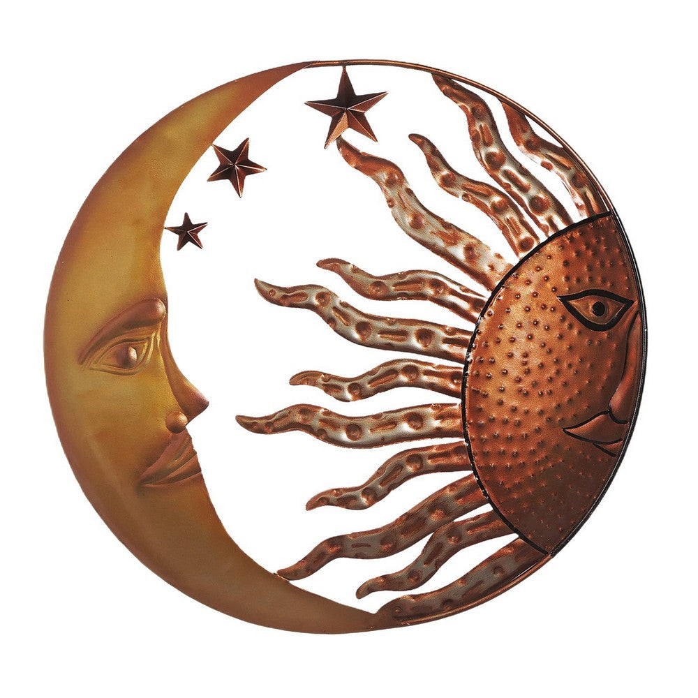 21 Inch Handcrafted Sun and Moon Accent Wall Decor, Round Metal Wall Mount, Rustic Gold, Bronze By The Urban Port