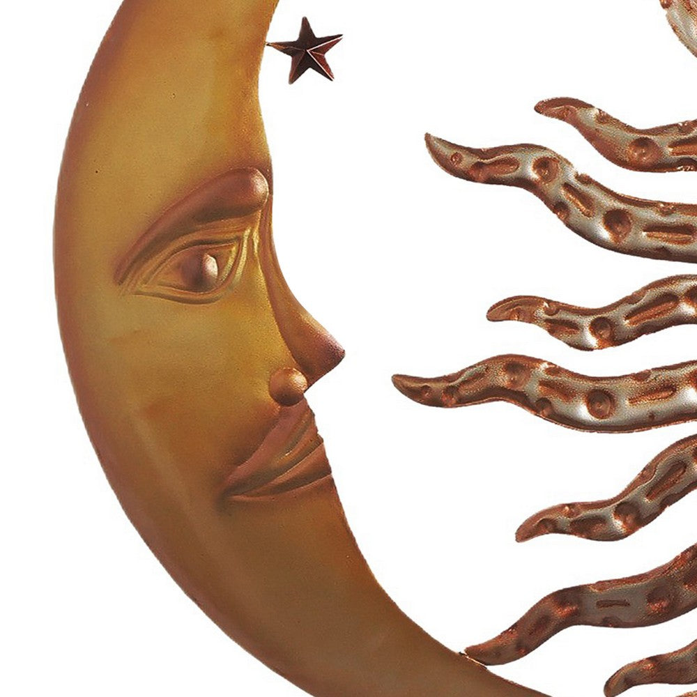 21 Inch Handcrafted Sun and Moon Accent Wall Decor, Round Metal Wall Mount, Rustic Gold, Bronze By The Urban Port