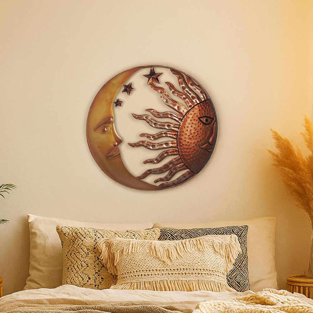 21 Inch Handcrafted Sun and Moon Accent Wall Decor, Round Metal Wall Mount, Rustic Gold, Bronze By The Urban Port
