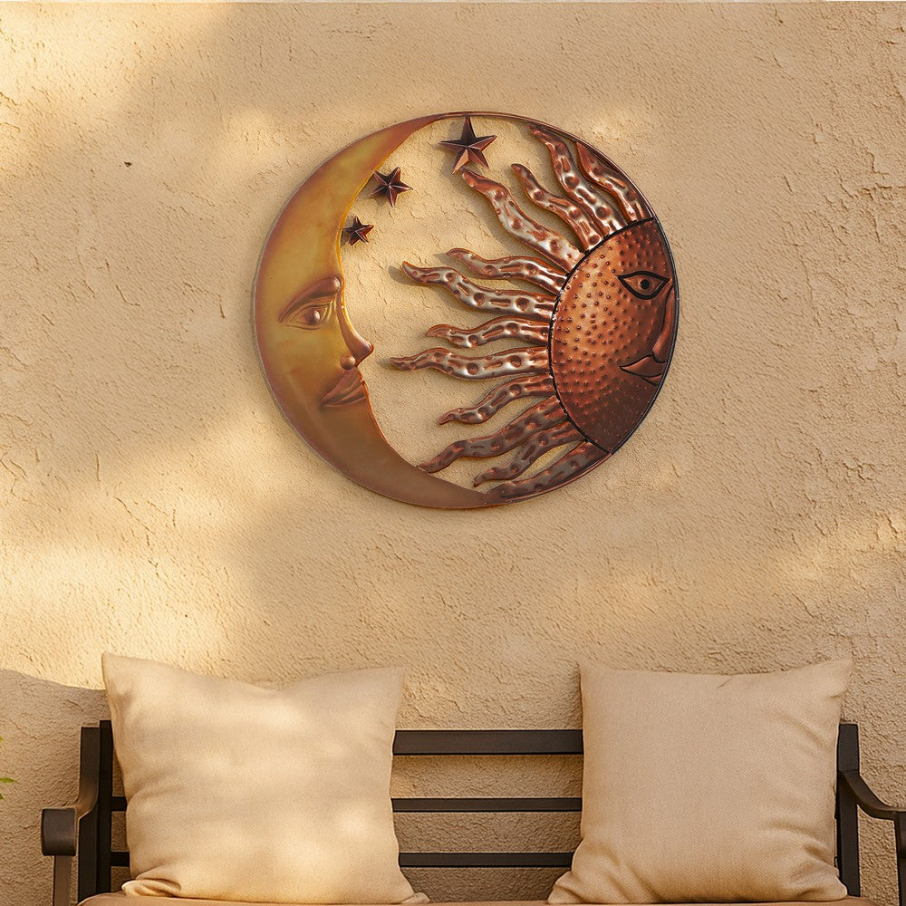 21 Inch Handcrafted Sun and Moon Accent Wall Decor, Round Metal Wall Mount, Rustic Gold, Bronze By The Urban Port