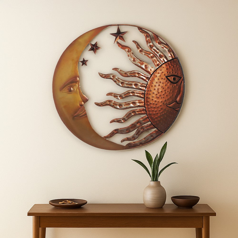 21 Inch Handcrafted Sun and Moon Accent Wall Decor, Round Metal Wall Mount, Rustic Gold, Bronze By The Urban Port