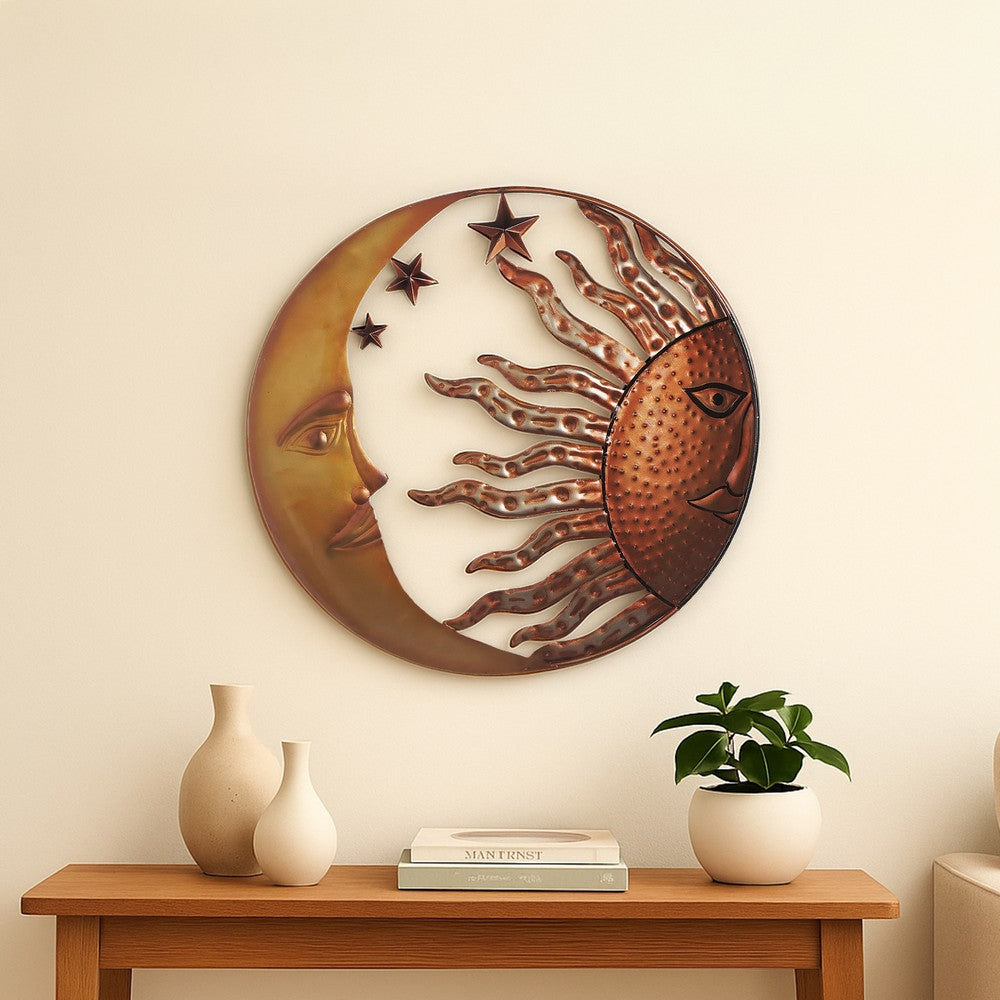 21 Inch Handcrafted Sun and Moon Accent Wall Decor, Round Metal Wall Mount, Rustic Gold, Bronze By The Urban Port