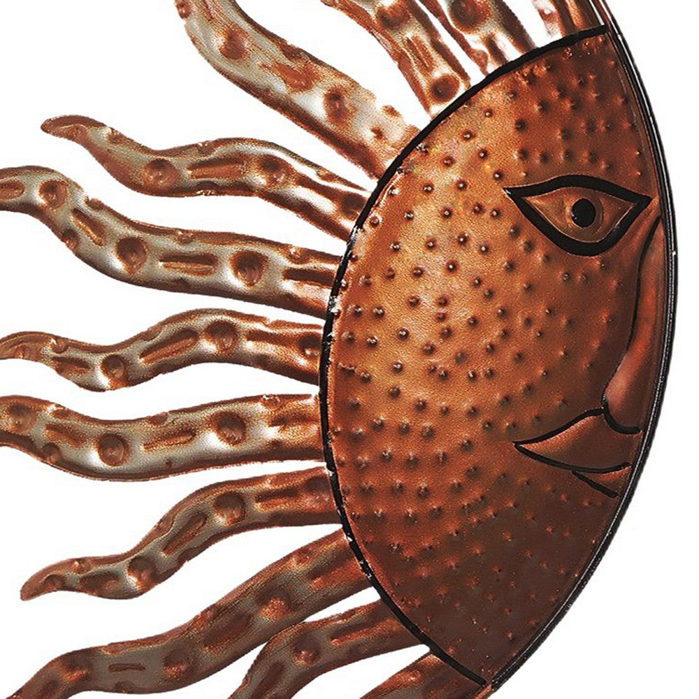 21 Inch Handcrafted Sun and Moon Accent Wall Decor, Round Metal Wall Mount, Rustic Gold, Bronze By The Urban Port