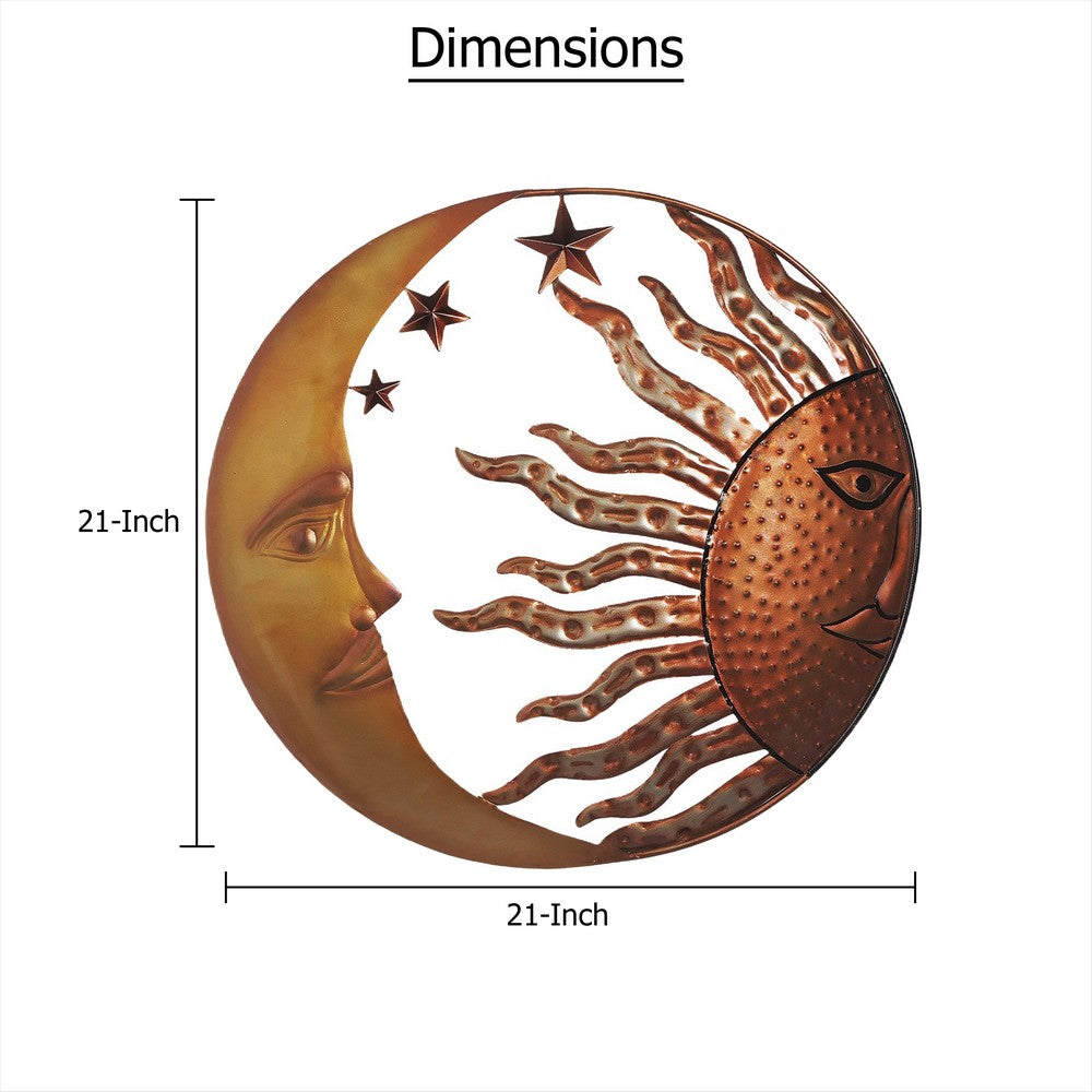 21 Inch Handcrafted Sun and Moon Accent Wall Decor, Round Metal Wall Mount, Rustic Gold, Bronze By The Urban Port