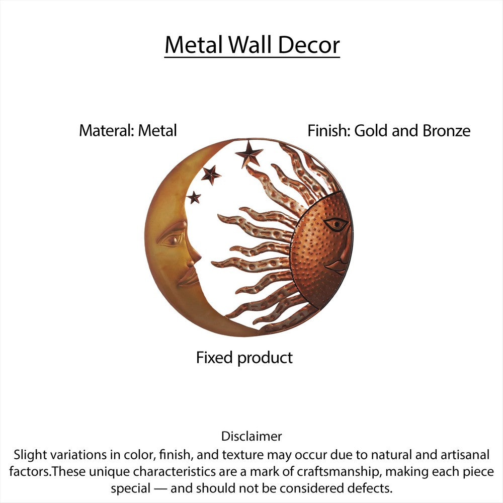 21 Inch Handcrafted Sun and Moon Accent Wall Decor, Round Metal Wall Mount, Rustic Gold, Bronze By The Urban Port