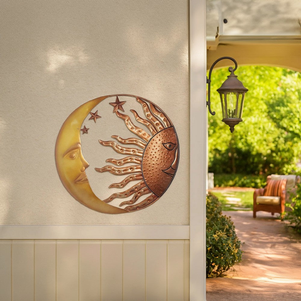21 Inch Handcrafted Sun and Moon Accent Wall Decor, Round Metal Wall Mount, Rustic Gold, Bronze By The Urban Port