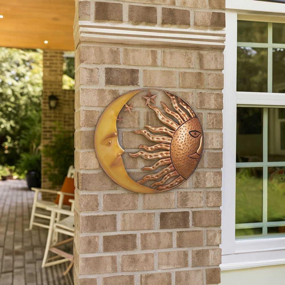 21 Inch Handcrafted Sun and Moon Accent Wall Decor, Round Metal Wall Mount, Rustic Gold, Bronze By The Urban Port