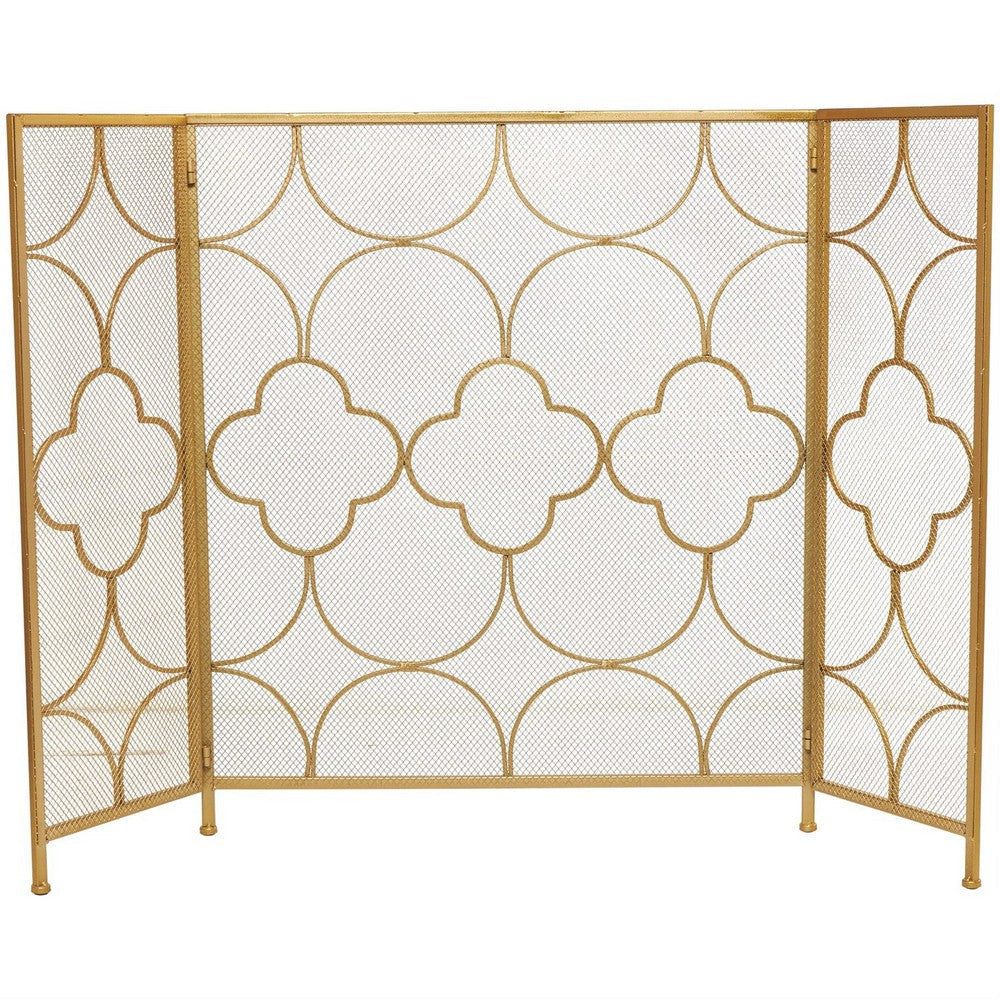 50 Inch 3 Panel Metal Fireplace Screen Quatrefoil Design Gold BM05668