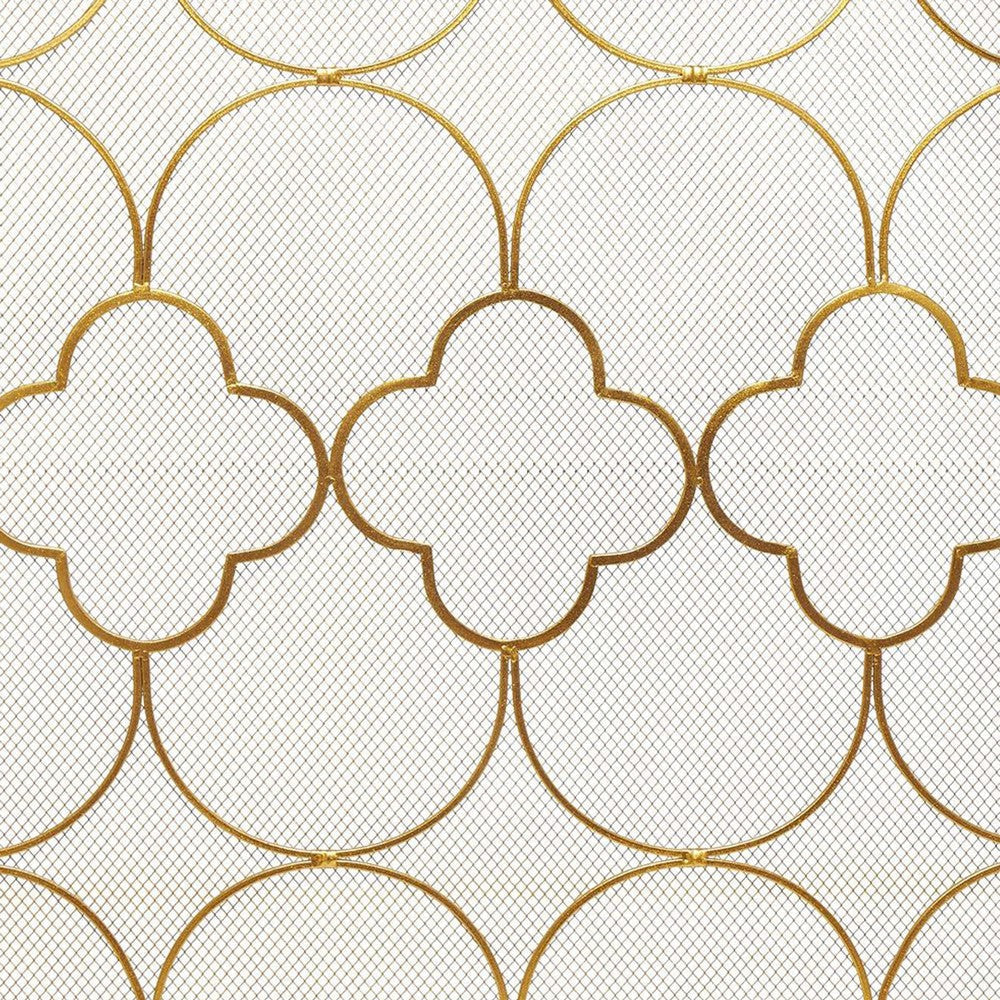 50 Inch 3 Panel Metal Fireplace Screen Quatrefoil Design Gold BM05668