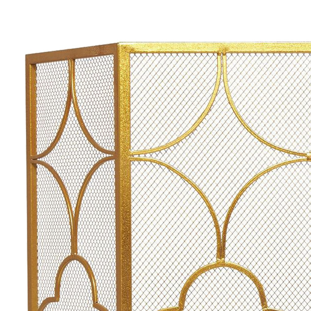 50 Inch 3 Panel Metal Fireplace Screen Quatrefoil Design Gold BM05668