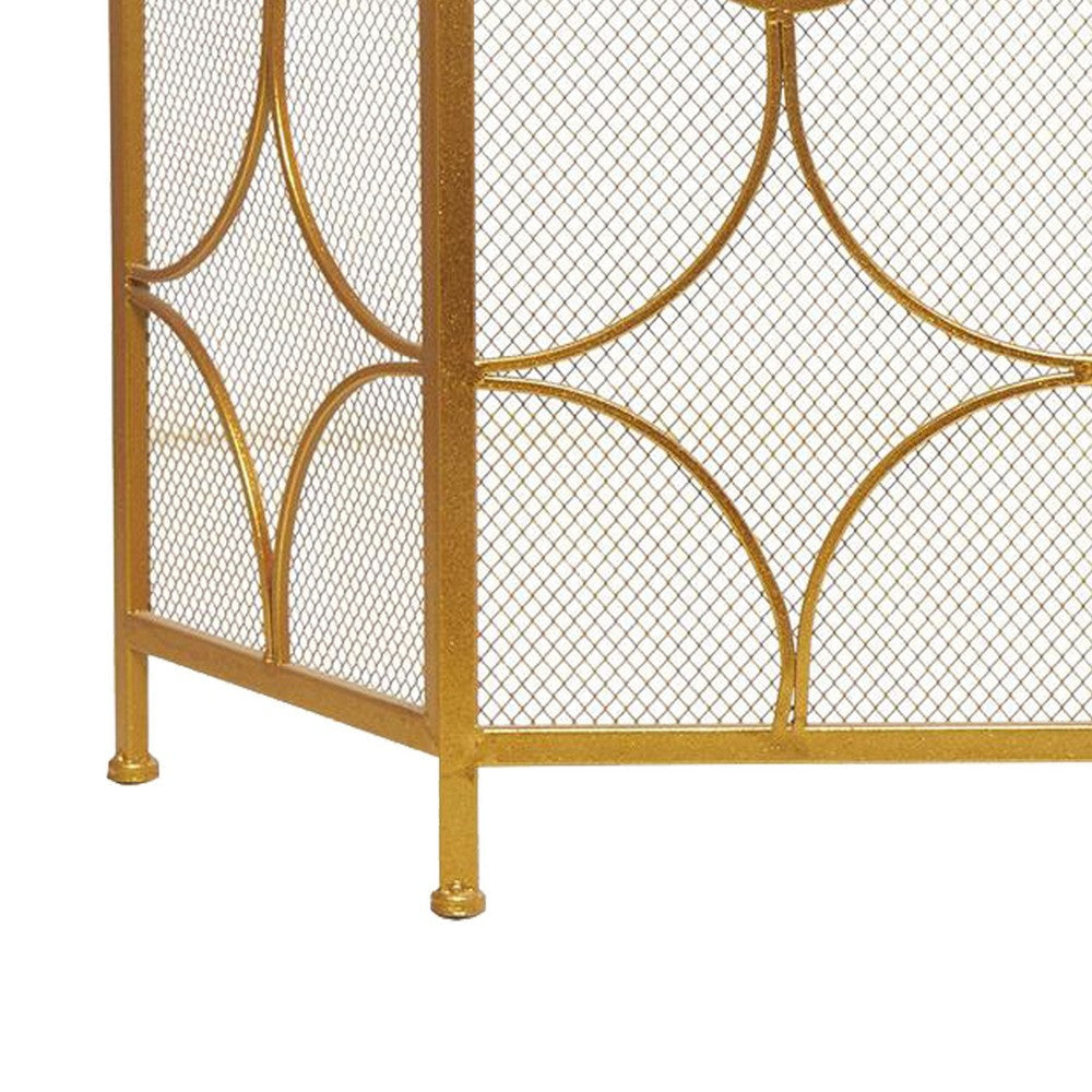 50 Inch 3 Panel Metal Fireplace Screen Quatrefoil Design Gold BM05668