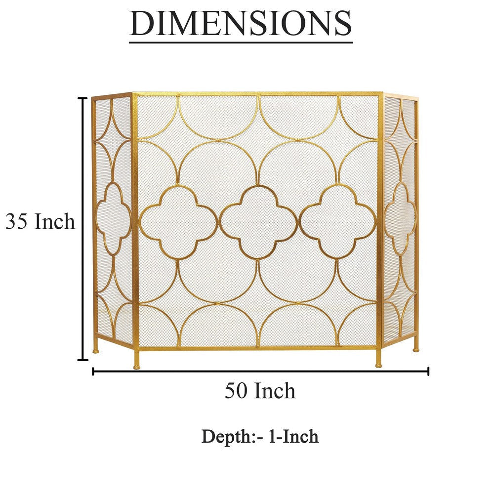 50 Inch 3 Panel Metal Fireplace Screen Quatrefoil Design Gold BM05668