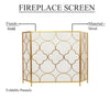 50 Inch 3 Panel Metal Fireplace Screen Quatrefoil Design Gold BM05668