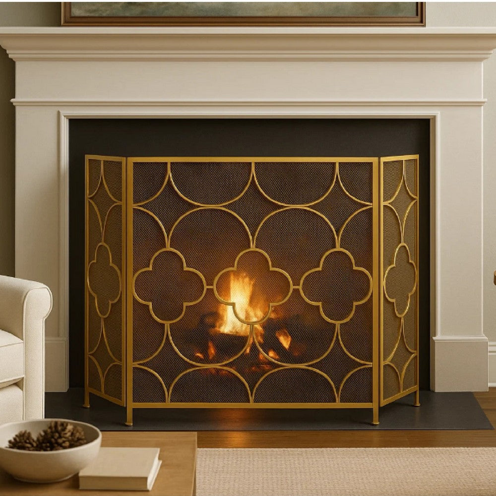 50 Inch 3 Panel Metal Fireplace Screen Quatrefoil Design Gold BM05668