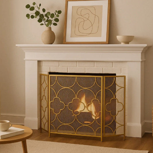 50 Inch 3 Panel Metal Fireplace Screen, Quatrefoil Design, Gold
