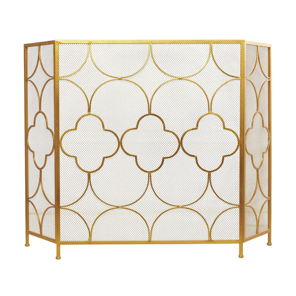 50 Inch 3 Panel Metal Fireplace Screen Quatrefoil Design Gold BM05668