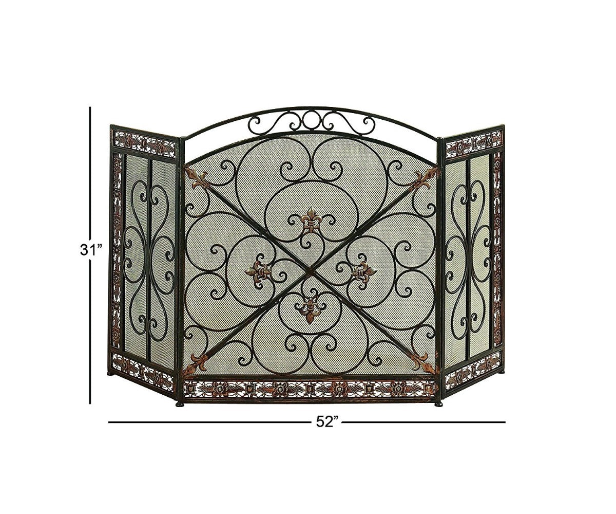 Traditional 3 Panel Metal Fire Screen With Filigree Design, Bronze, Black The Urban Port