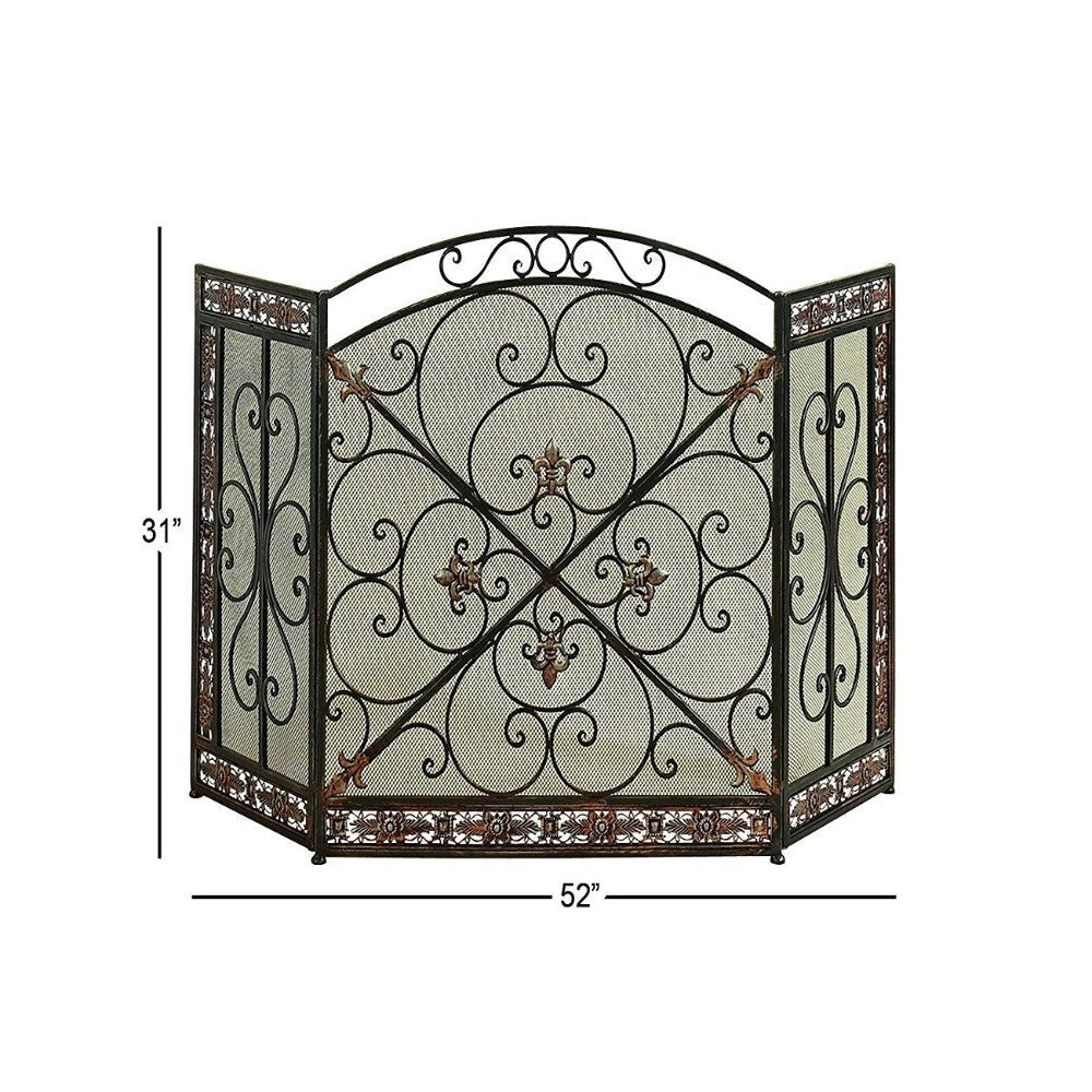Traditional 3 Panel Metal Fire Screen With Filigree Design Bronze Black The Urban Port BM06168