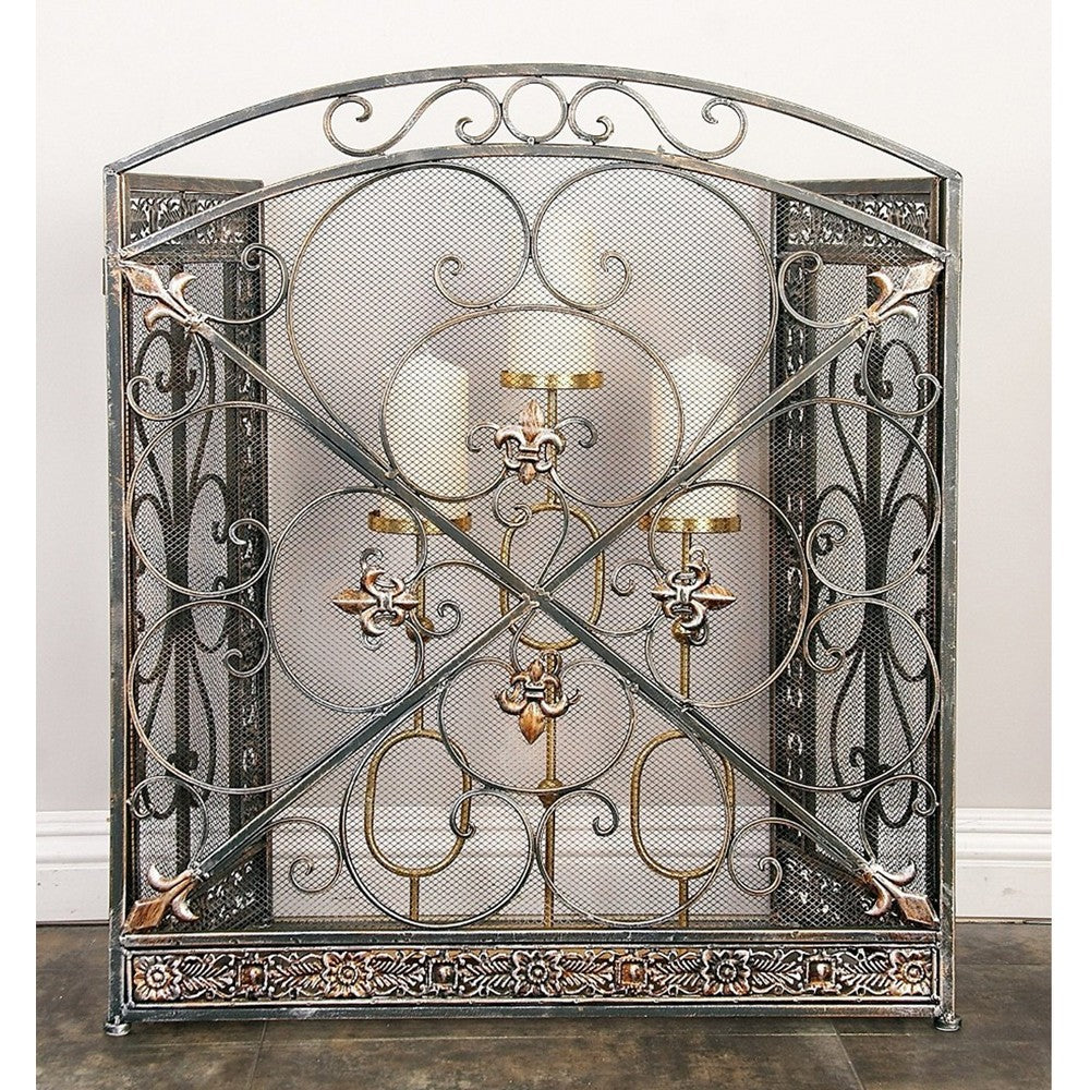 Traditional 3 Panel Metal Fire Screen With Filigree Design Bronze BM06168